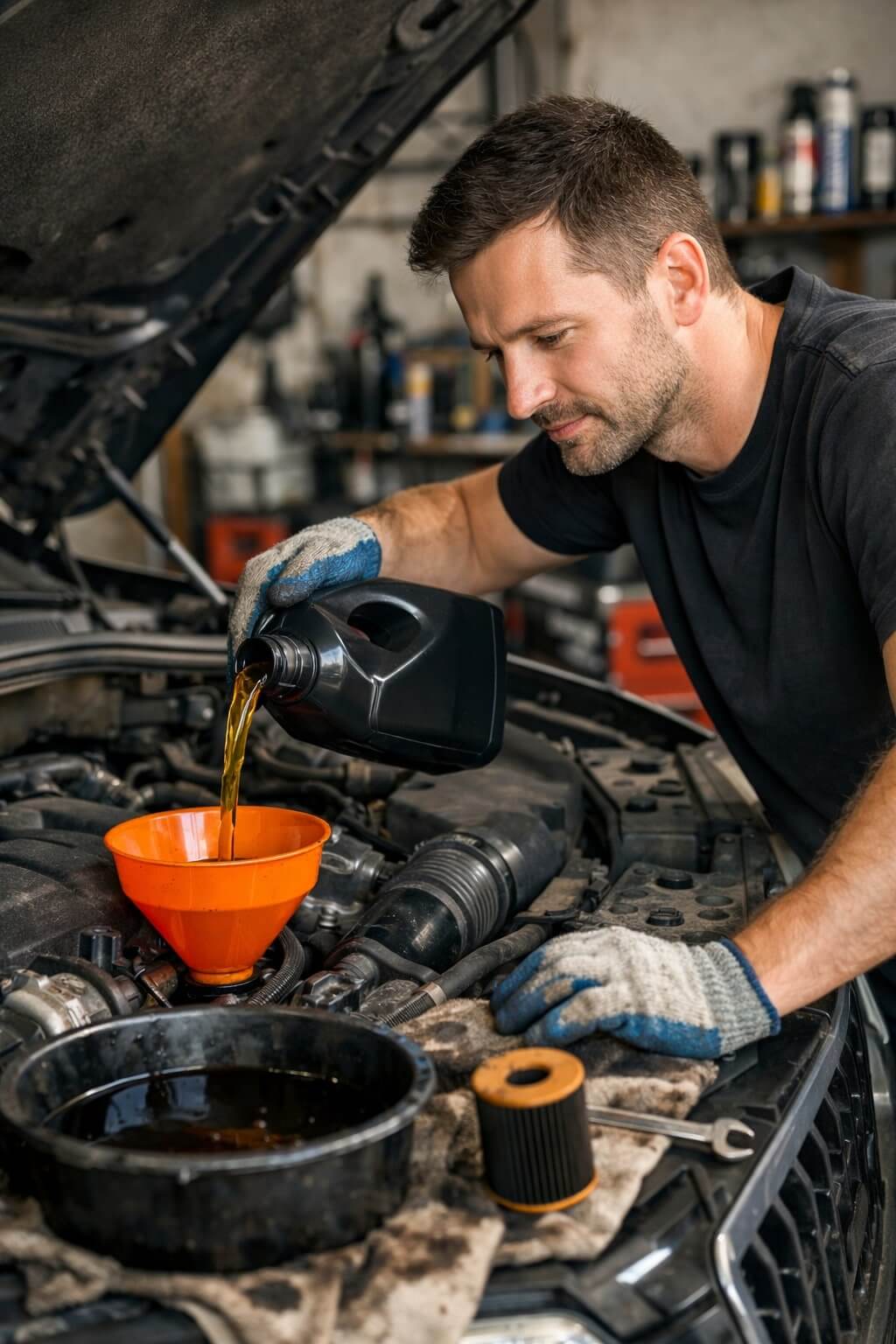 Wymiana oleju silnikowego w aucie w garażu